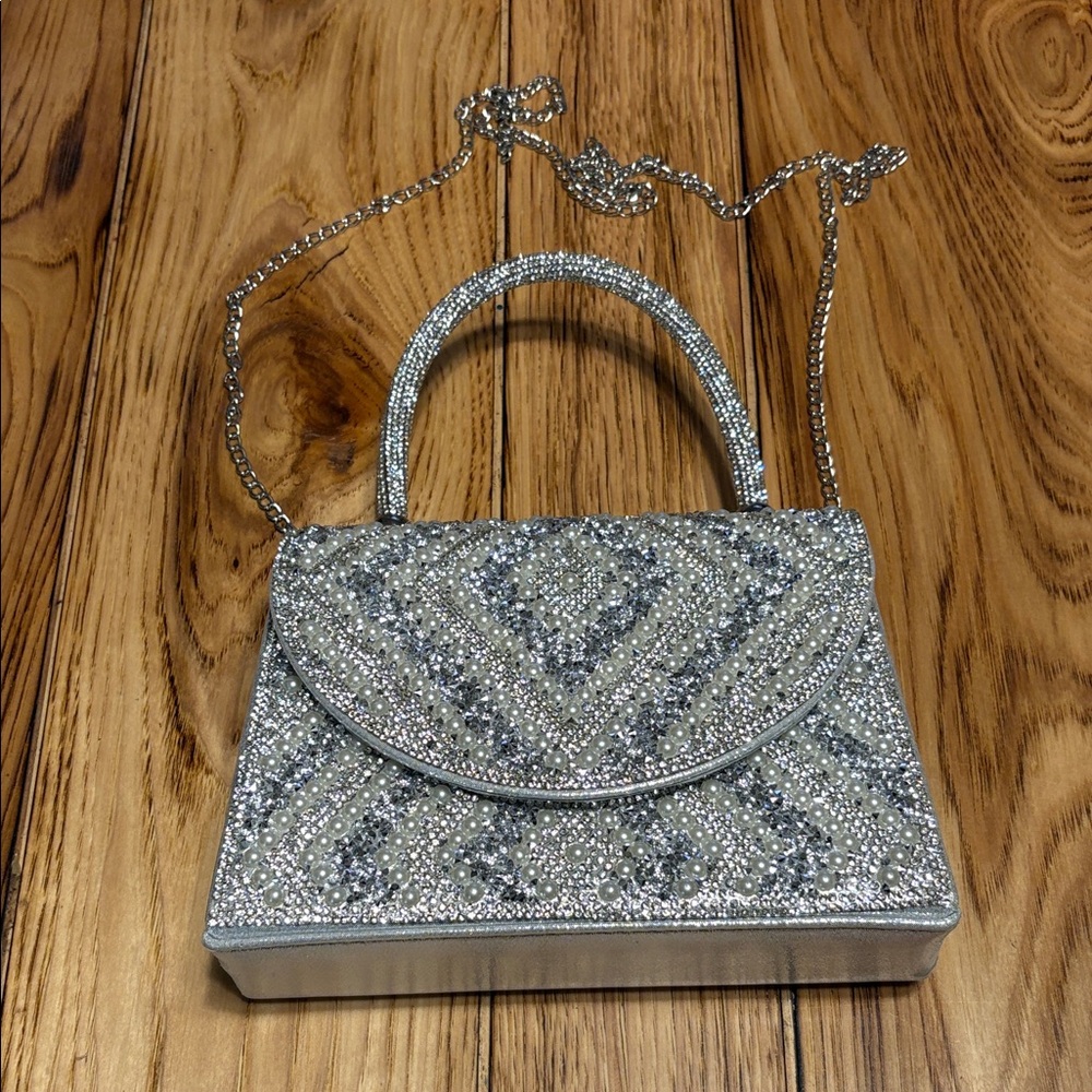 Glamorous Silver Beaded Clutch